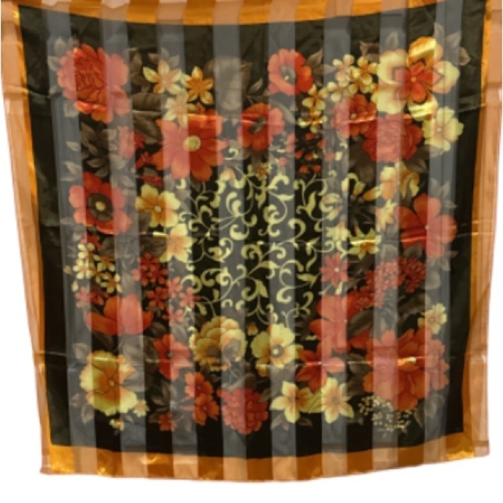 Floral Patterned silky Scarf with Orange Border 41" X  41"
